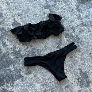 Black ruffle front bikini set